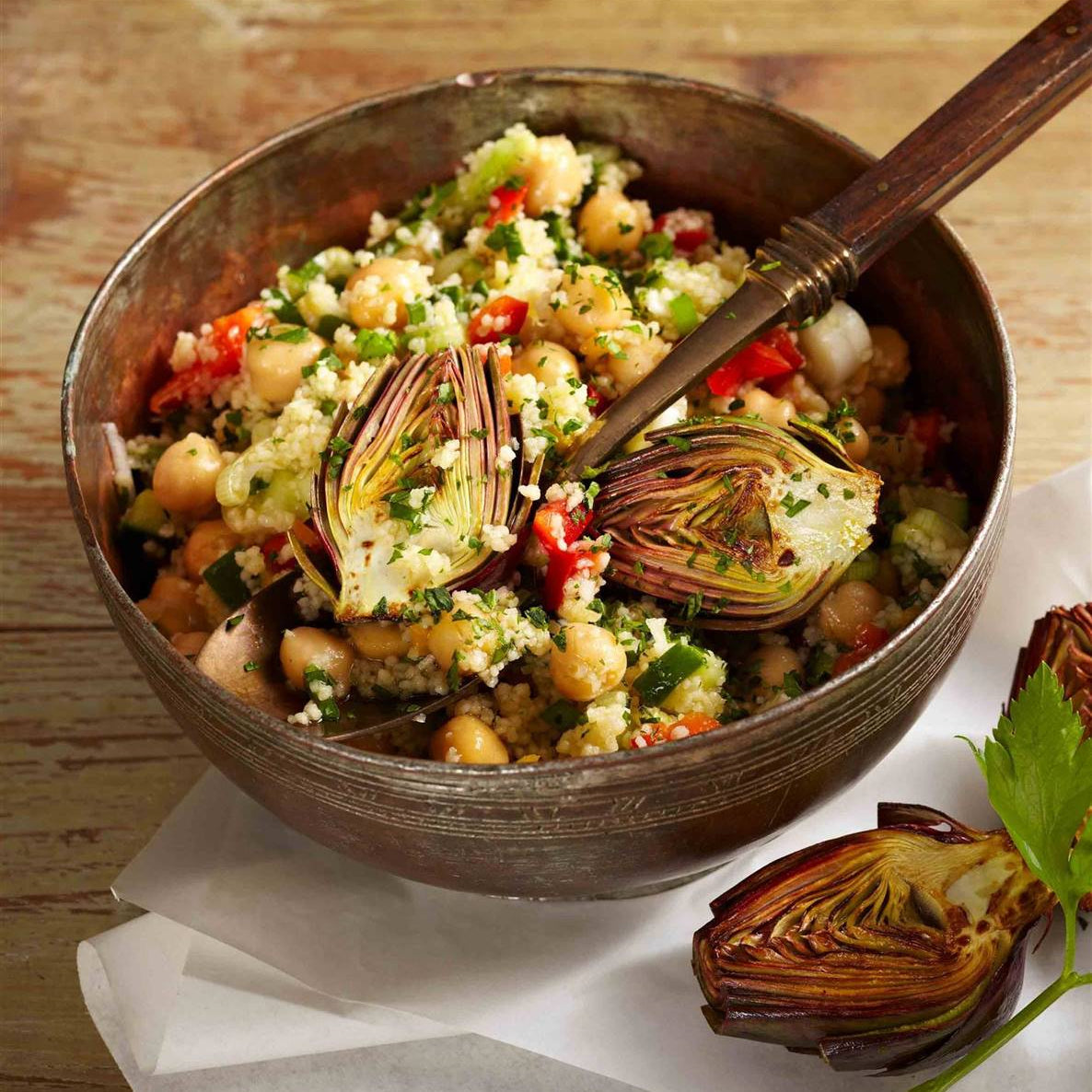 Couscous and Chickpea Salad with Fried Mini Artichokes