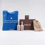 ARLO ultimate gift set – blue tote bag, two organic culinary argan oil bottles, scented candle, linen pouch, premium box