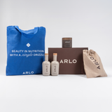 ARLO ultimate gift set – blue tote bag, two organic culinary argan oil bottles, scented candle, linen pouch, premium box