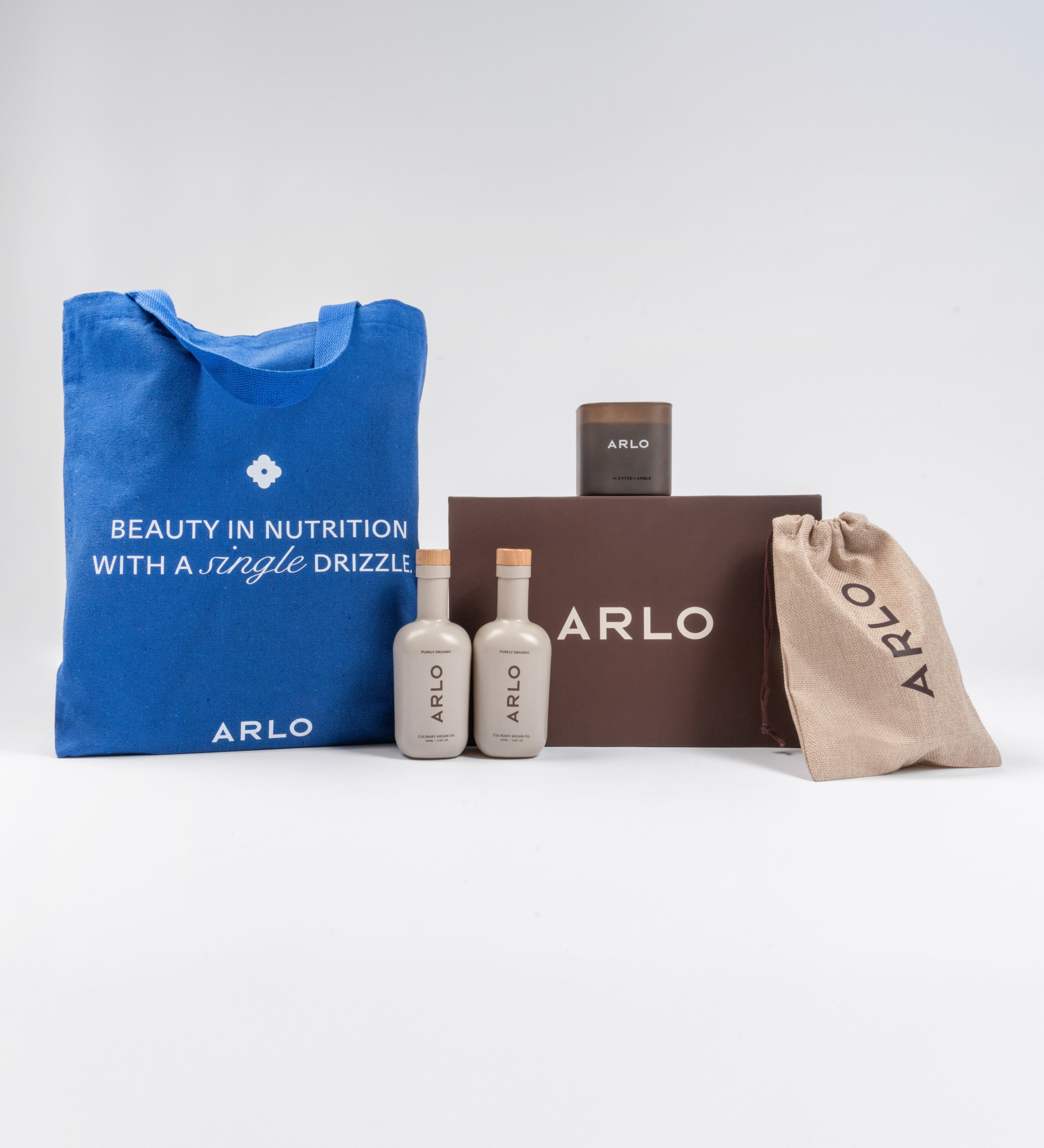 ARLO ultimate gift set – blue tote bag, two organic culinary argan oil bottles, scented candle, linen pouch, premium box