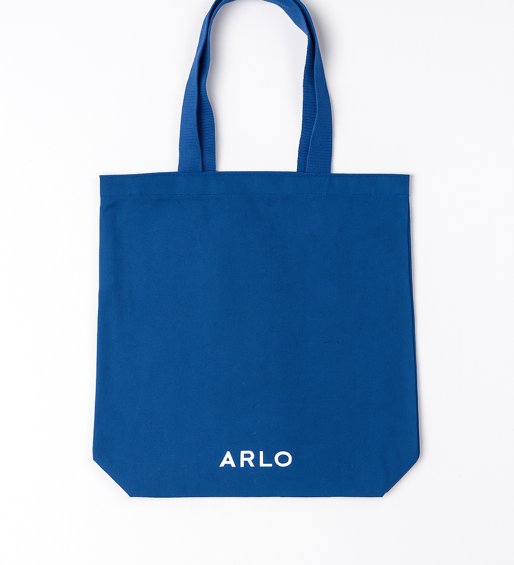 ARLO blue tote bag, back – luxury reusable cotton tote with minimalist white ARLO logo