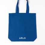 ARLO blue tote bag, back – luxury reusable cotton tote with minimalist white ARLO logo