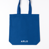 ARLO blue tote bag, back – luxury reusable cotton tote with minimalist white ARLO logo