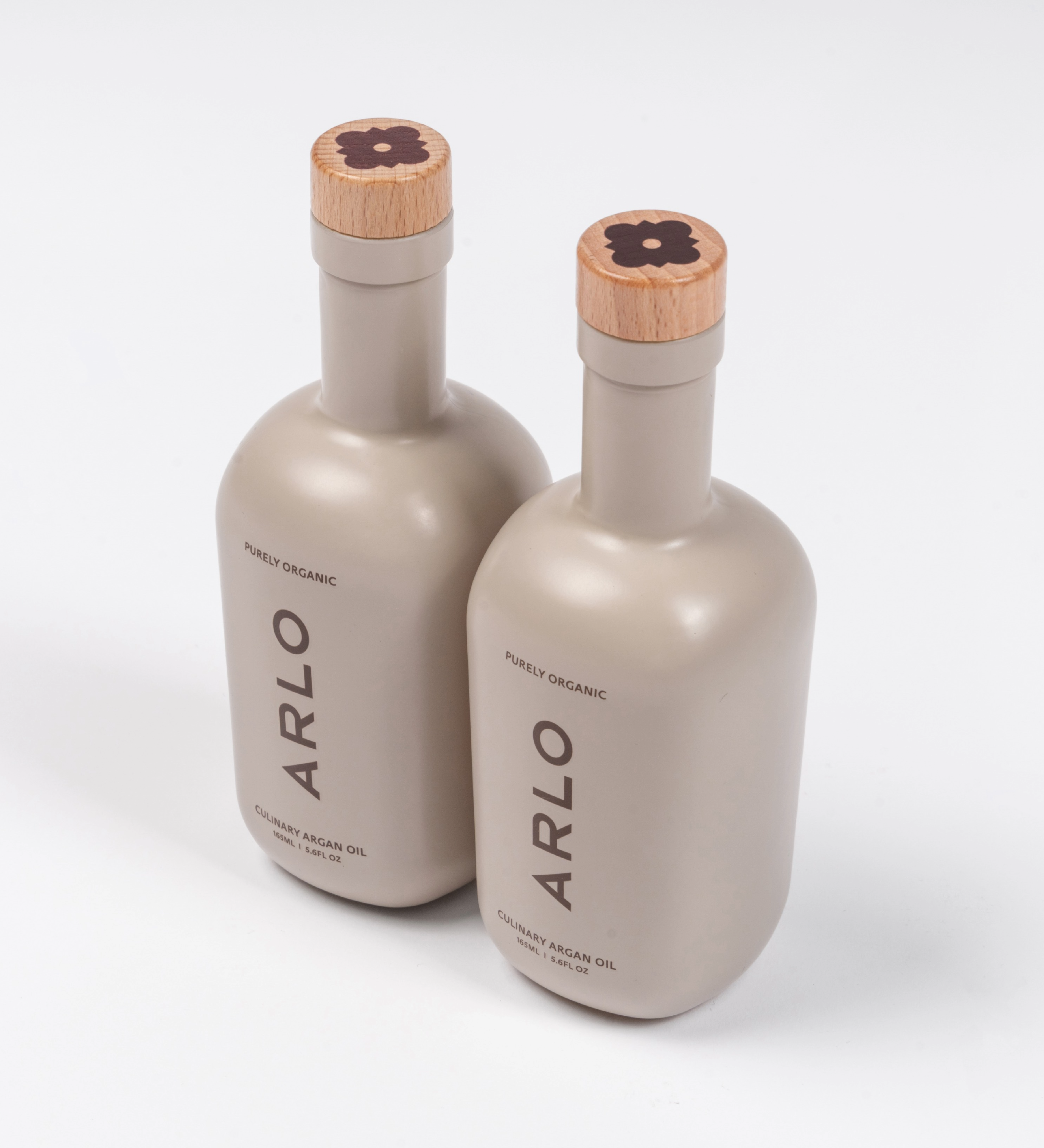 ARLO culinary argan oil duo set – luxury wooden caps, top angle