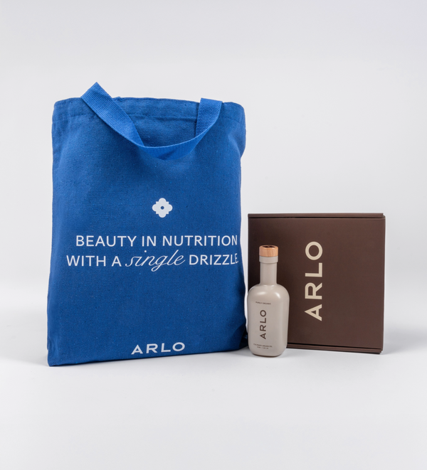 ARLO culinary argan oil gift set – blue tote bag, single organic oil bottle, luxury brown box
