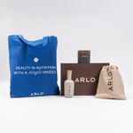 ARLO gourmet gift set – blue tote bag, organic argan oil bottle, scented candle, linen pouch, brown gift box