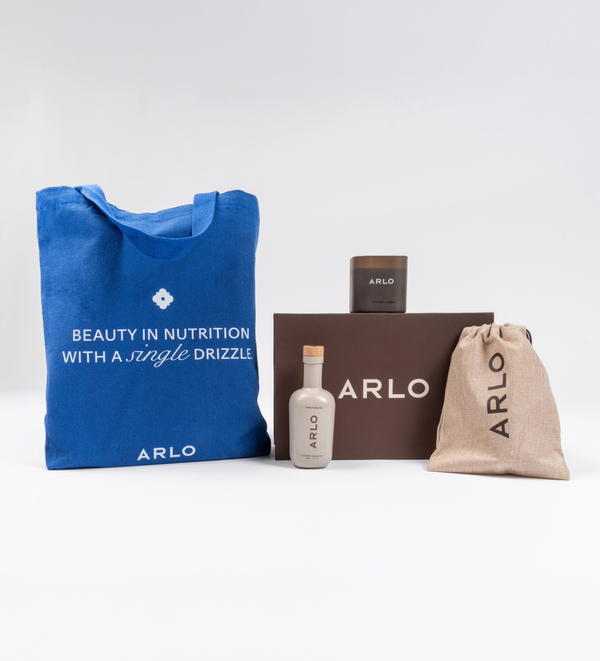 ARLO gourmet gift set – blue tote bag, organic argan oil bottle, scented candle, linen pouch, brown gift box
