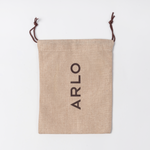 ARLO branded linen cotton pouch for culinary argan oil – reusable drawstring bag front view