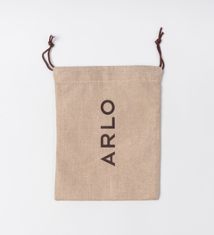ARLO branded linen cotton pouch for culinary argan oil – reusable drawstring bag front view