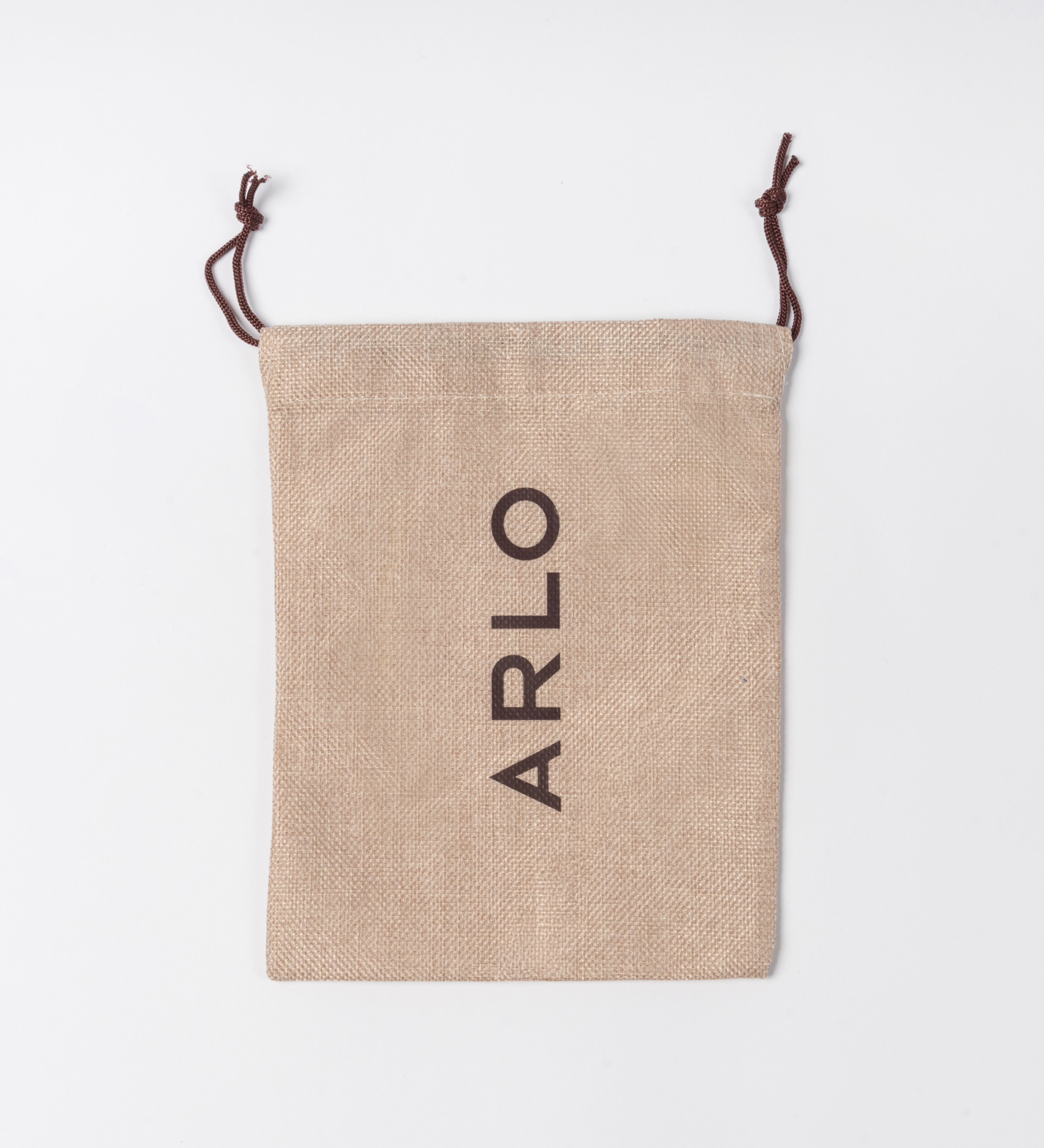ARLO branded linen cotton pouch for culinary argan oil – reusable drawstring bag front view