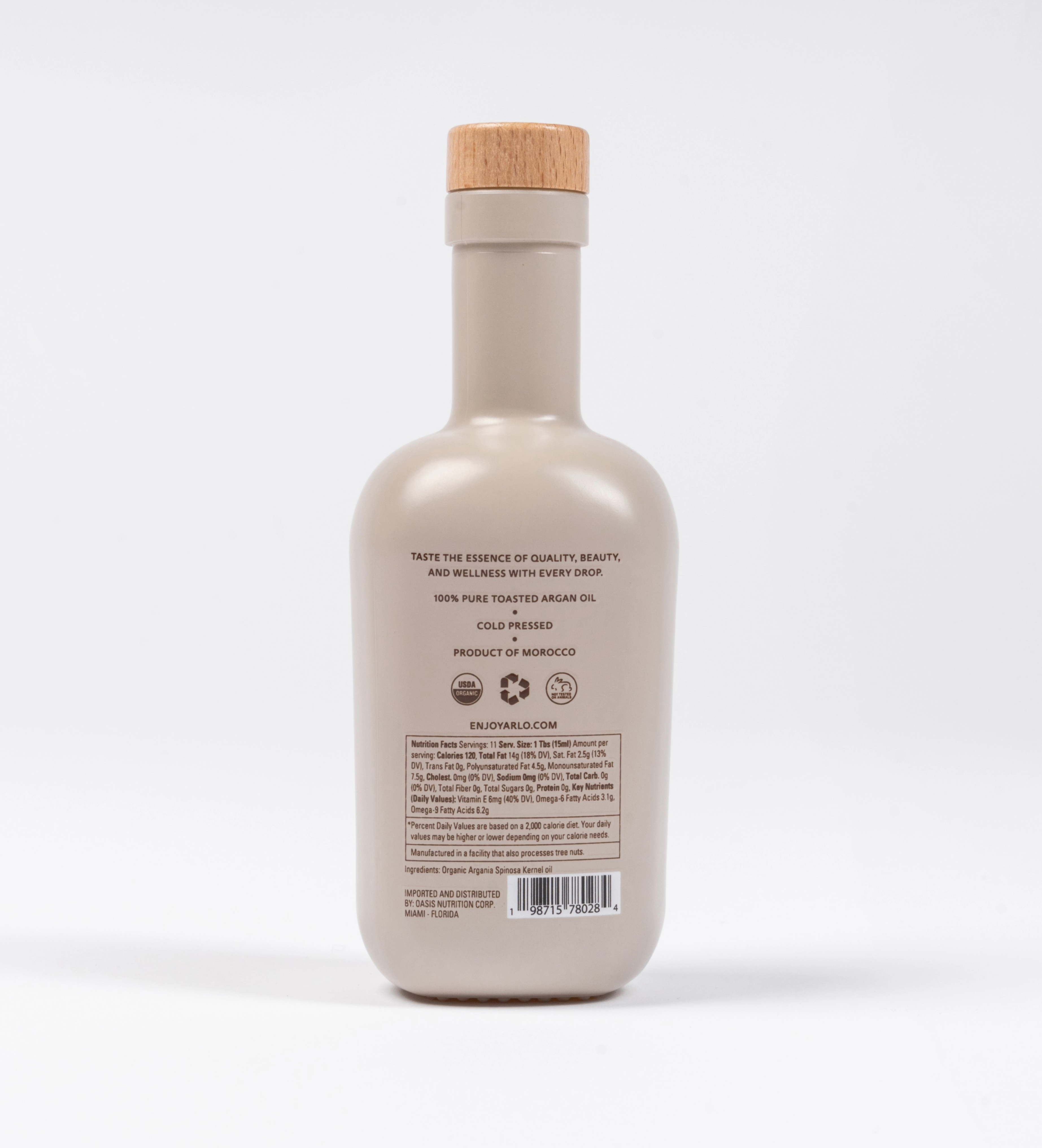 Back of ARLO culinary argan oil bottle – nutrition facts and product information label
