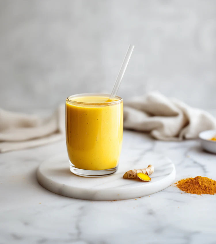 Golden milk with turmeric, ginger, cinnamon, and ARLO culinary argan oil for a soothing, anti-inflammatory wellness drink