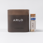ARLO scented candle set – brown glass candle and branded matches, front view, luxury gift